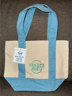 Trader Joe's Mini Canvas Tote Bag in Light Blue & Cream